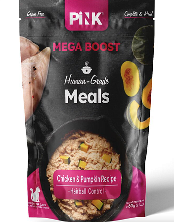 Купить pink mega boost hairball control влажный корм для кошек, вывод шерсти, Курица с тыквой, паштет (пауч)