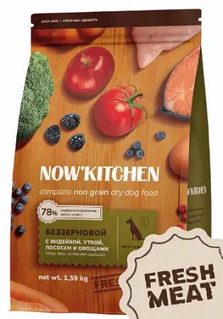 Купить now’ kitchen grain free сухой беззерновой корм для пожилых собак всех пород с индейкой, уткой, лососем и овощами