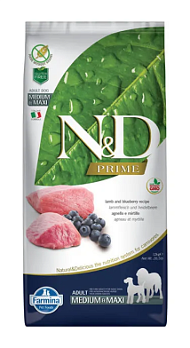 Farmina N&D Prime Dog Grain Free Lamb & Blueberry Adult Medium & Maxi сухой беззерновой корм для взрослых собак крупных и средних пород с ягненком и черникой