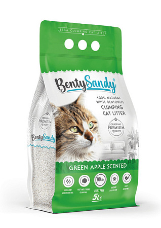 Купить bentysandy green apple наполнитель для кошачьего туалета комкующийся, глиняный, с ароматом зеленого яблока