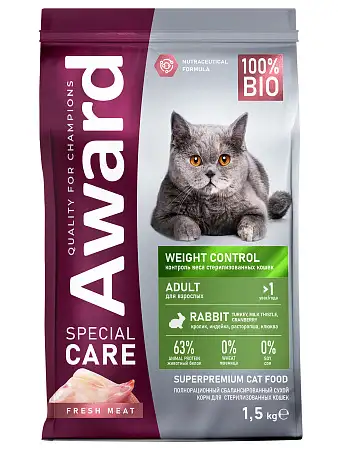 Купить award special care weight control сухой корм для взрослых стерилизованных кошек для контроля веса со свежим мясом кролика