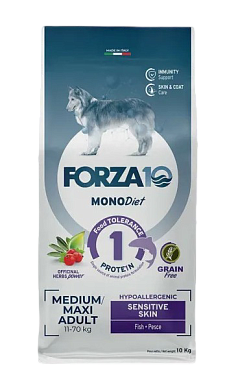 Forza10 MonoDiet Sensitive Skin Medium & Large Adult сухой беззерновой, гипоаллергенный корм для взрослых собак средних и крупных пород при чувствительной коже, с рыбой