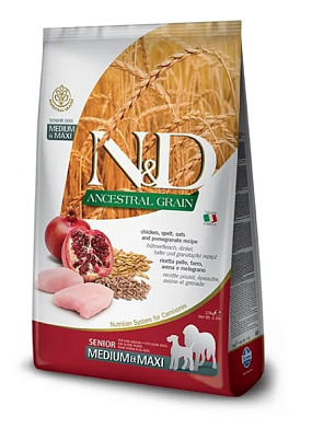 Farmina N&D Ancestral Grain Dog Chicken, Spelt, Oats And Pomegranate Senior Medium & Maxi сухой низкозерновой корм для пожилых собак крупных и средних пород с курицей и гранатом