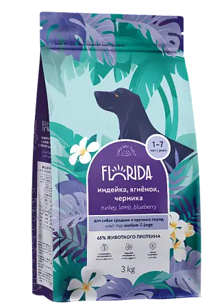 Купить florida medium&large adult сухой корм для взрослых собак средних и крупных пород с индейкой, ягненком и черникой