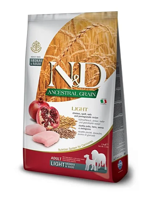 Farmina N&D Ancestral Grain Dog Light Adult Medium & Maxi сухой низкозерновой корм для взрослых собак средних и крупных пород с избыточным весом с курицей и гранатом