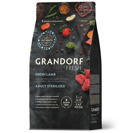 Купить grandorf fresh сухой беззерновой корм для стерилизованных кошек с живыми пробиотиками, ягненок и батат