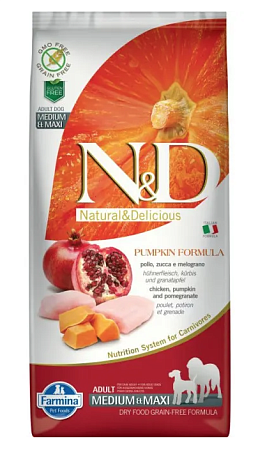 Купить farmina n&d pumpkin dog grain free chicken & pomegranate adult medium & maxi сухой беззерновой корм для взрослых собак средних и крупных пород с курицей, гранатом и тыквой
