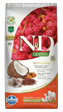 Купить farmina n&d quinoa dog grain free skin & coat сухой беззерновой корм для взрослых собак для кожи и шерсти с сельдью и киноа