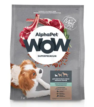Купить alphapet wow superpremium сухой корм для взрослых собак мелких пород с чувствительным пищеварением с ягненком и бурым рисом