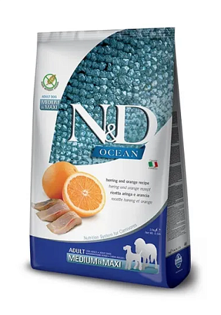 Купить farmina n&d ocean dog herring and orange adult medium & maxi сухой беззерновой корм для взрослых собак средних и крупных пород с сельдью и апельсином