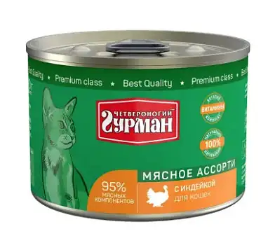Четвероногий Гурман Мясное ассорти консервы для кошек с индейкой