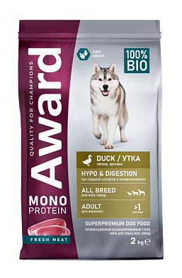 Award Monoprotein сухой корм для взрослых собак всех пород из утки с добавлением яблок и артишока