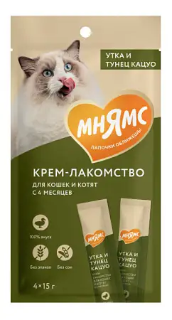 Купить Мнямс крем-лакомство для кошек с уткой и тунцом Кацуо 