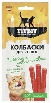 TiTBiT лакомство для кошек Колбаски Двойное удовольствие с цыпленком и печенью, блистер