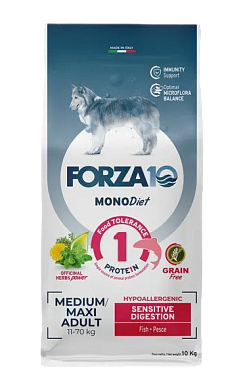 Forza10 MonoDiet Sensitive Digestion Medium & Large Adult сухой беззерновой, гипоаллергенный корм для взрослых собак средних и крупных пород с чувствительным пищеварением, с рыбой