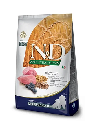 Купить farmina n&d ancestral grain dog lamb blueberry puppy medium & maxi сухой низкозерновой корм для щенков средних и крупных пород, беременных и кормящих собак с ягненком и черникой