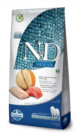 Купить farmina n&d ocean dog salmon, codfish & cantaloupe melon adult giant & maxi сухой беззерновой корм для взрослых собак гигантских и крупных пород с лососем, треской и дыней