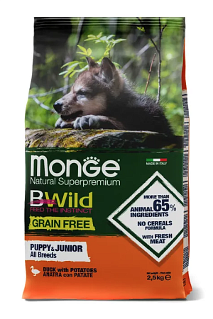 Купить monge dog bwild grain free сухой беззерновой корм для щенков всех пород с мясом утки и картофелем