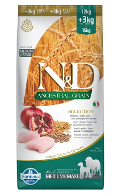 Farmina N&D Ancestral Grain Dog Chicken & Pomegranate Adult Medium & Maxi сухой низкозерновой корм для взрослых собак средних и крупных пород с курицей и гранатом
