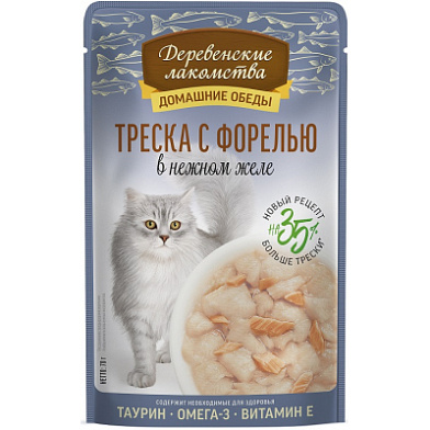 Деревенские лакомства Домашние обеды треска с форелью в нежном желе влажный корм для кошек (пауч)