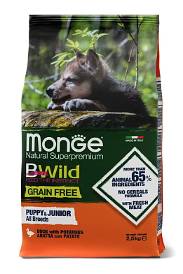 Monge Dog BWild Grain Free сухой беззерновой корм для щенков всех пород с мясом утки и картофелем