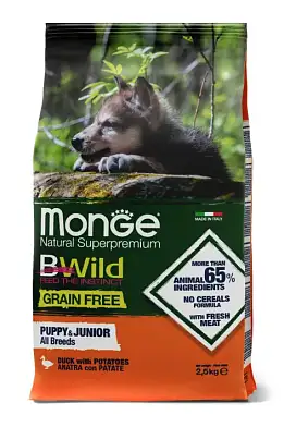 Monge Dog BWild Grain Free сухой беззерновой корм для щенков всех пород с мясом утки и картофелем