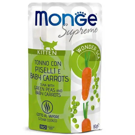Купить monge supreme kitten влажный корм для котят с тунцом, зелёным горошком и мини-морковью (пауч)