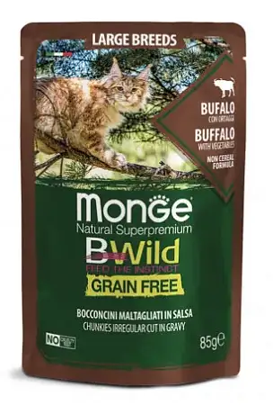 Купить monge cat bwild grain free влажный беззерновой корм для кошек крупных пород с мясом буйвола и овощами (пауч)