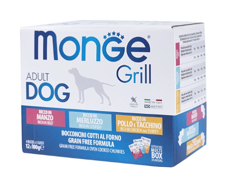 Купить monge dog grill влажный корм для собак с говядиной, с треской, с курицей и индейкой, бокс с паучами