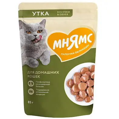 Мнямс влажный корм для домашних кошек кусочки в соусе с уткой (пауч)