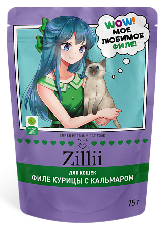 Купить zilli влажный корм для взрослых и стерилизованных кошек, курица с кальмаром в желе (пауч)