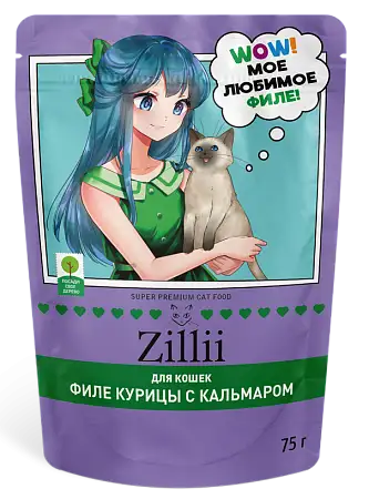 Купить zilli влажный корм для взрослых и стерилизованных кошек, курица с кальмаром в желе (пауч)