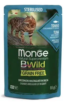 Monge Cat BWild Grain Free влажный беззерновой корм для стерилизованных кошек с тунцом, креветками и овощами (пауч)