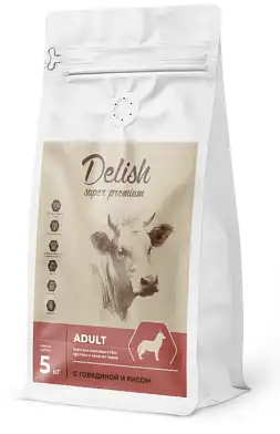 Delish Super Premium сухой корм для взрослых собак средних и крупных пород с говядиной и рисом